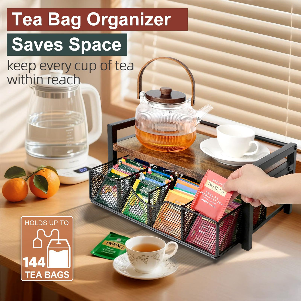 Happilif Tea Bag Organizer, Tea Bag Holder Organizer with 8-Compartment Adjustable Drawer, Wood & Metal Tea Box Organizer