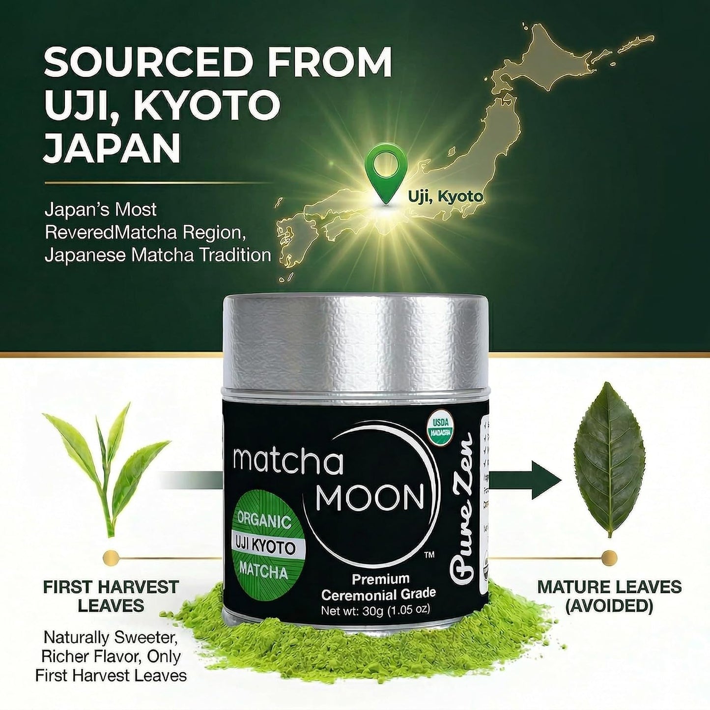 Matcha Moon Pure Zen Ceremonial Grade Matcha Powder, 30g | Premium USDA Organic, Traditional Japanese Green Tea, First Harvest, Uji Kyoto Sourced, Tin