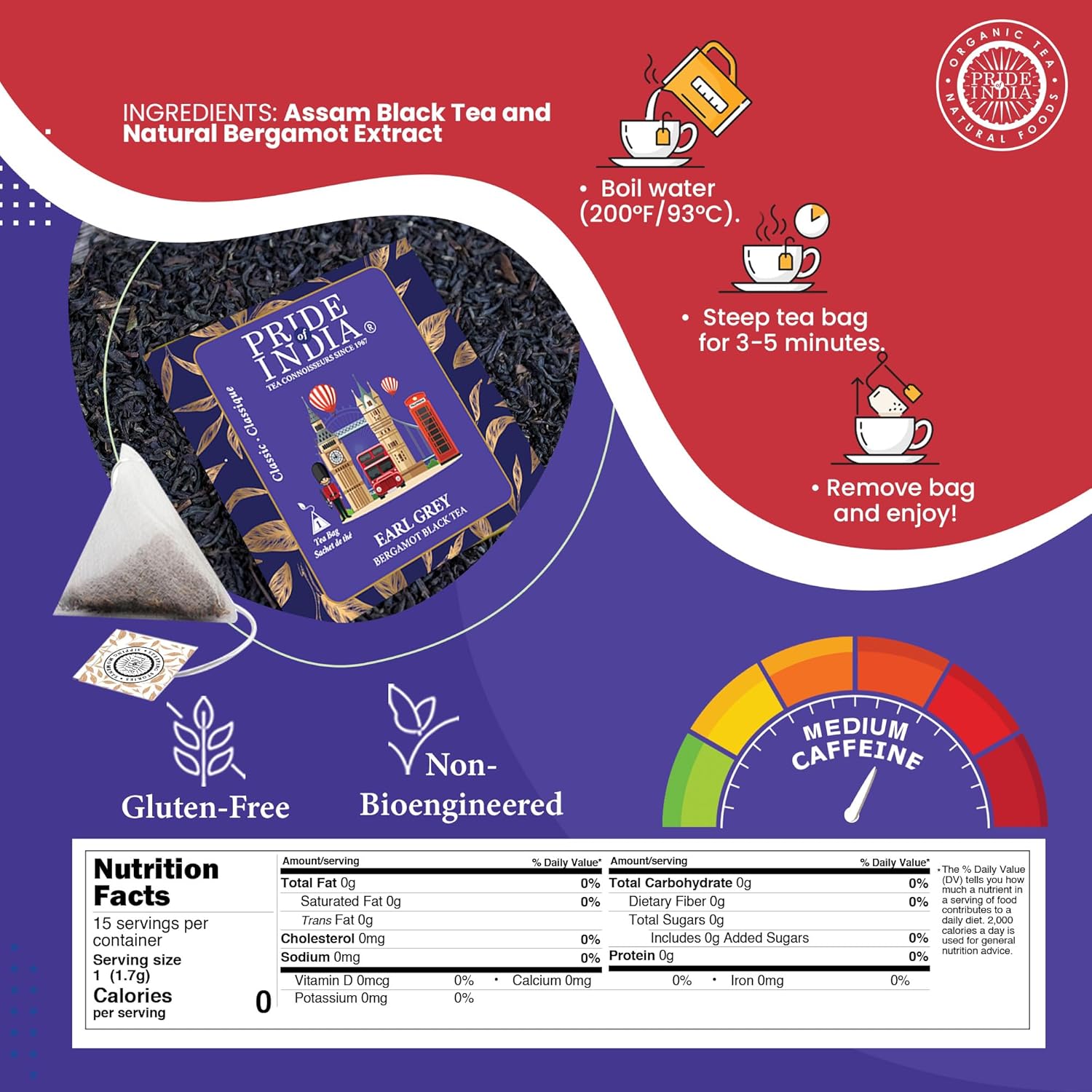 Pride of India Earl Grey Bergamot Black Tea 25g (0.9 oz) – 15 Tea Bags Individually Wrapped | Full Leaf Assam Black Tea for Hot or Iced Drinks | Citrus Flavor, High Caffeine & Single Estate Certified Tea