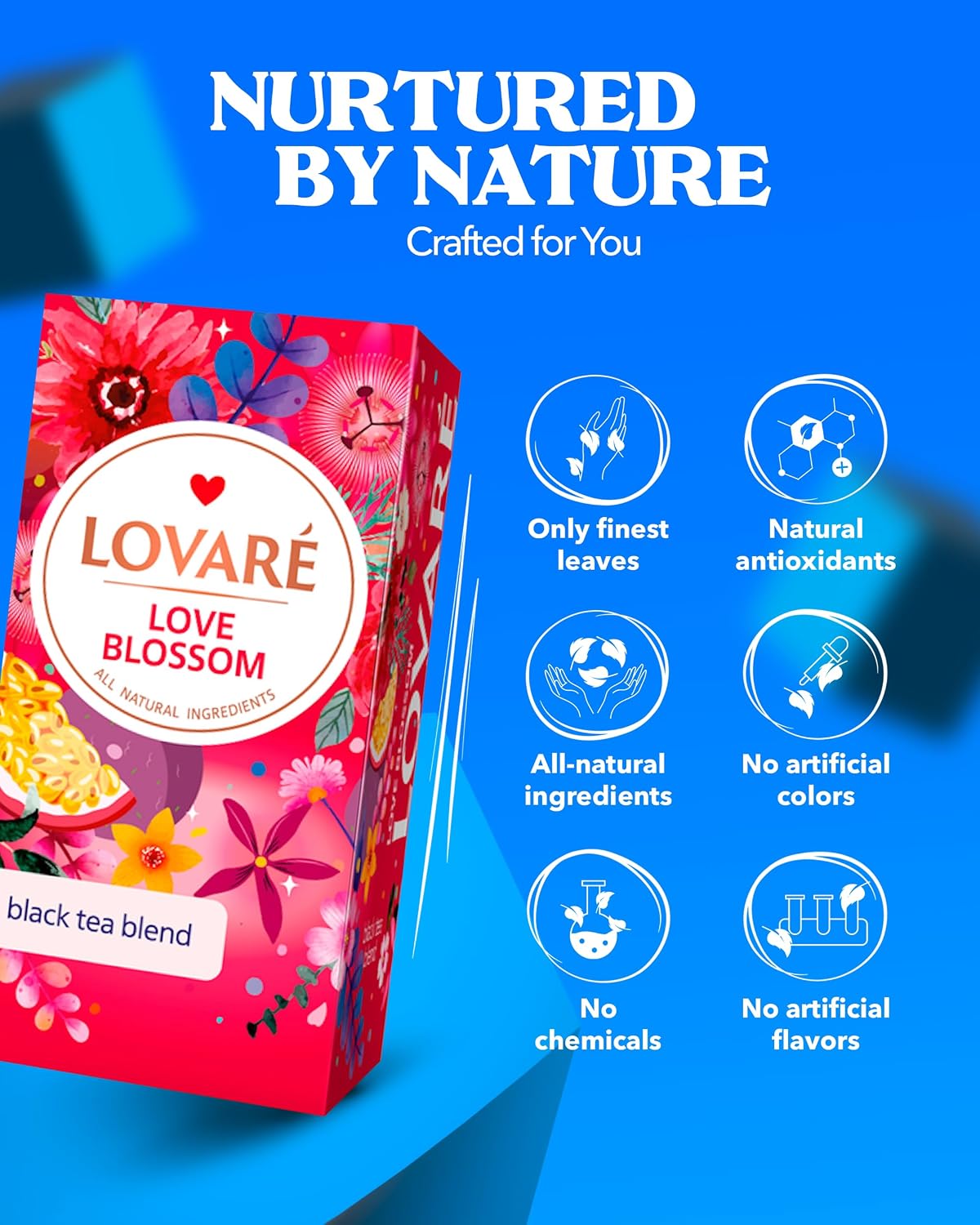 Individually Wrapped Tea Bags By Lovare Made in Ukraine - Black and Green, Floral, Passion Fruit, Huchlebbery Herbal Set with Flowers - Gift Box For Blooming Tea Lovers Men &amp; Women - 48 g (24 tea bags x 2 g each) (Love Blossom)