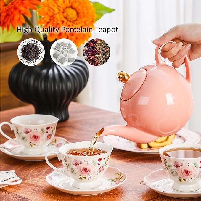 30oz Pink Porcelain Teapot, Blush Ceramic Teapot with Gold Trim, Romantic Teapot for Loose Leaf Tea, Tea Parties Gifts