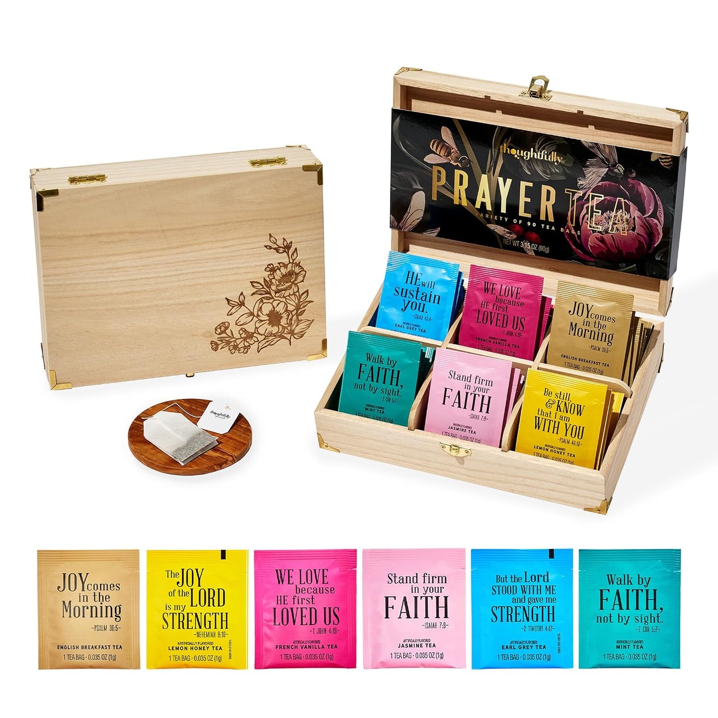 Thoughtfully Gourmet, Christian Prayer Tea Gift Set with Bible Verses, Includes 90 Teas in 6 Flavors in Premium Wooden Box, Religious Gifts for Women