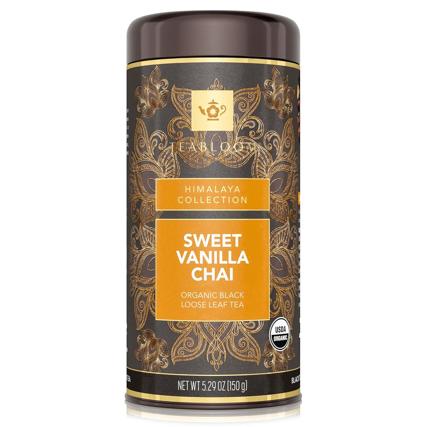 Teabloom Organic Black Tea, Sweet Vanilla Chai Loose Leaf Tea, Rich and Spicy Vanilla-Scented Blend, Exceptional USDA Organic Whole Leaf Blend, 5.29 Ounce Loose Leaf Tea Canister Makes 35-50 Cups