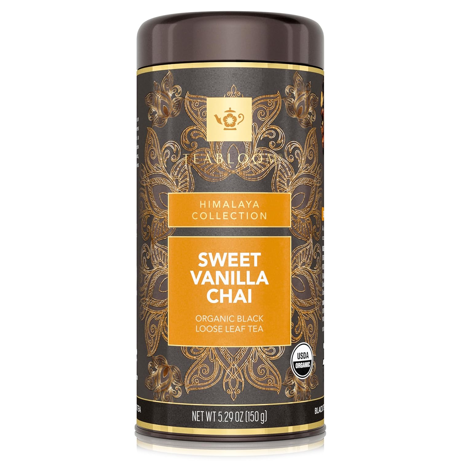Teabloom Organic Black Tea, Sweet Vanilla Chai Loose Leaf Tea, Rich and Spicy Vanilla-Scented Blend, Exceptional USDA Organic Whole Leaf Blend, 5.29 Ounce Loose Leaf Tea Canister Makes 35-50 Cups