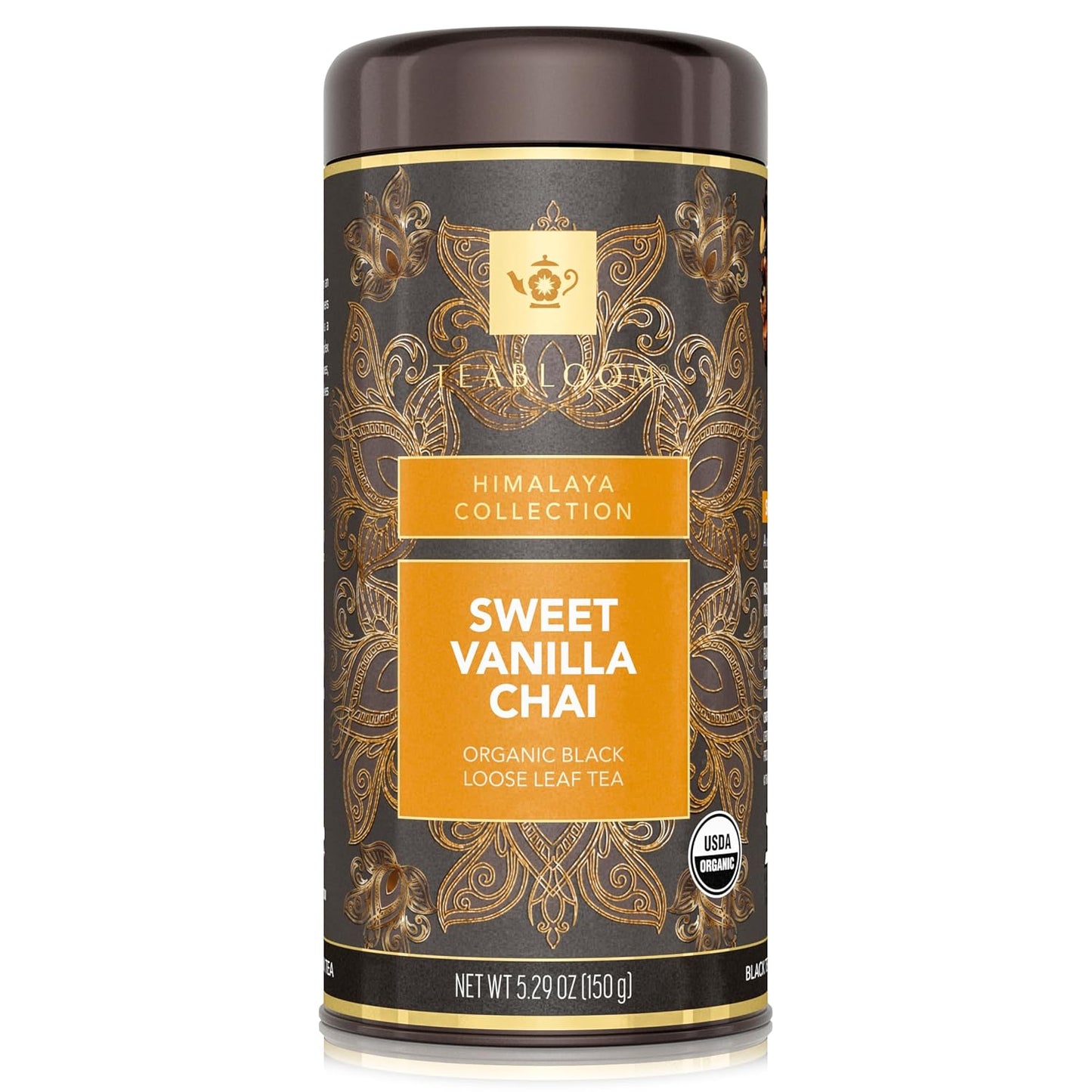 Teabloom Organic Black Tea, Sweet Vanilla Chai Loose Leaf Tea, Rich and Spicy Vanilla-Scented Blend, Exceptional USDA Organic Whole Leaf Blend, 5.29 Ounce Loose Leaf Tea Canister Makes 35-50 Cups