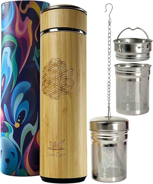 18oz Insulated Bamboo Tea Infuser Bottle for Loose Leaf Tea - Extra Fine Mesh Tea Steeper Basket Infuser with Chain Hook for Teapot Mug Cup Tumbler