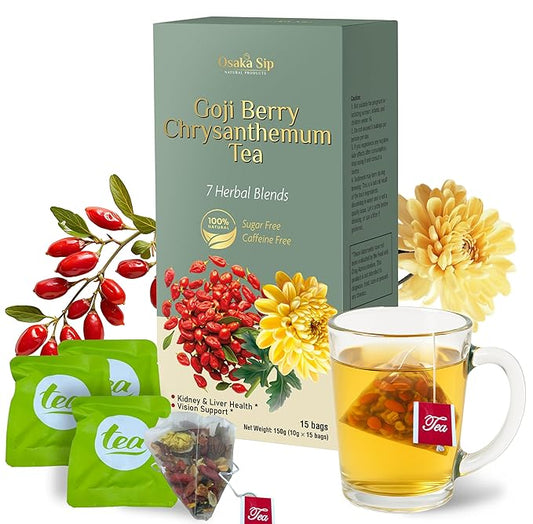 OsakaSip Goji Berry Chrysanthemum Tea Bags - Natural Liver Detox Cleanse Kidney Health - Excellent Chinese Herbal Raw Formula Cassia Seed Dandelion Leaf Gardenia Licorice Orange Peel (150g 15 Bags)