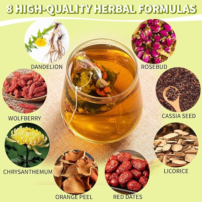 Fangkic 15 Packs Dandelion Root Wolfberry Tea, 8 Herbal Tea Bags Blend of Dandelion, Goji Berry, Jujube Dates, Rose, Licorice, Chrysanthemum