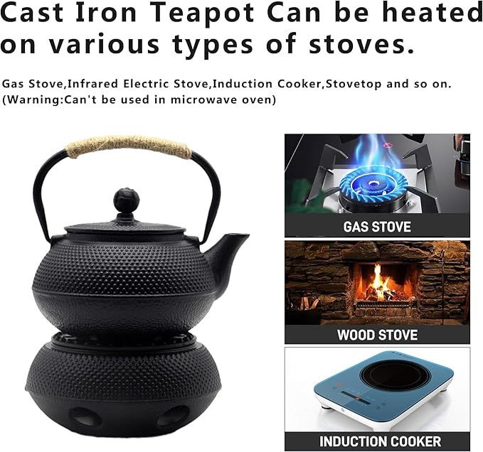 20.3oz Small Cast Iron Teapot Set with Warmer, Japanese Black Tea Kettle for Stovetop Safe, Teapot and Cups Set