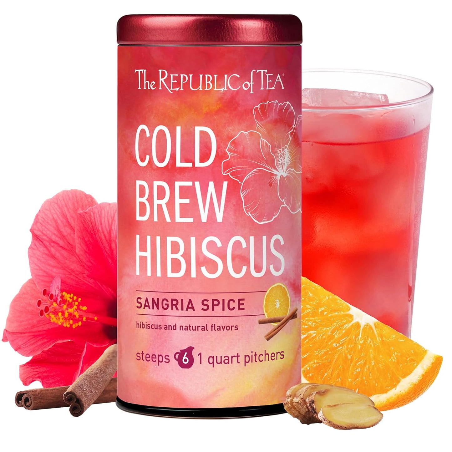 The Republic of Tea Cold Brew Hibiscus Sangria Spice Herbal Iced Tea, 6 Ct | Caffeine Free, Cold Brew Hibiscus with Citrus, Cinnamon and Ginger Spice, No Boiling Water Needed