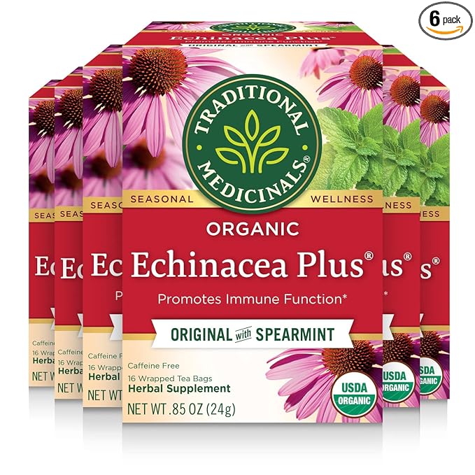 Traditional Medicinals Tea, Organic Echinacea Plus, Promotes Immune Function, w/Spearmint, Kosher, Non-GMO, Caffeine-Free, Compostable - 96 Tea Bags (6 Pack)