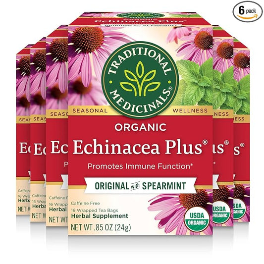 Traditional Medicinals Tea, Organic Echinacea Plus, Promotes Immune Function, w/Spearmint, Kosher, Non-GMO, Caffeine-Free, Compostable - 96 Tea Bags (6 Pack)