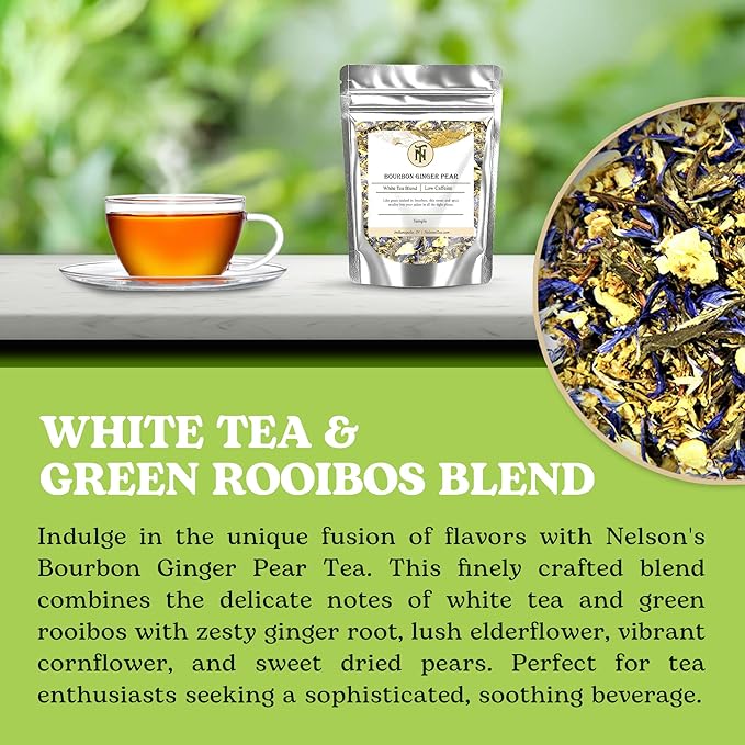 Nelson's Tea Bourbon Ginger Pear - Cut & Sifted Ginger Loose Leaf Tea with Dried Elderflower, Cornflower and Pears (Sample 0.4 Oz)