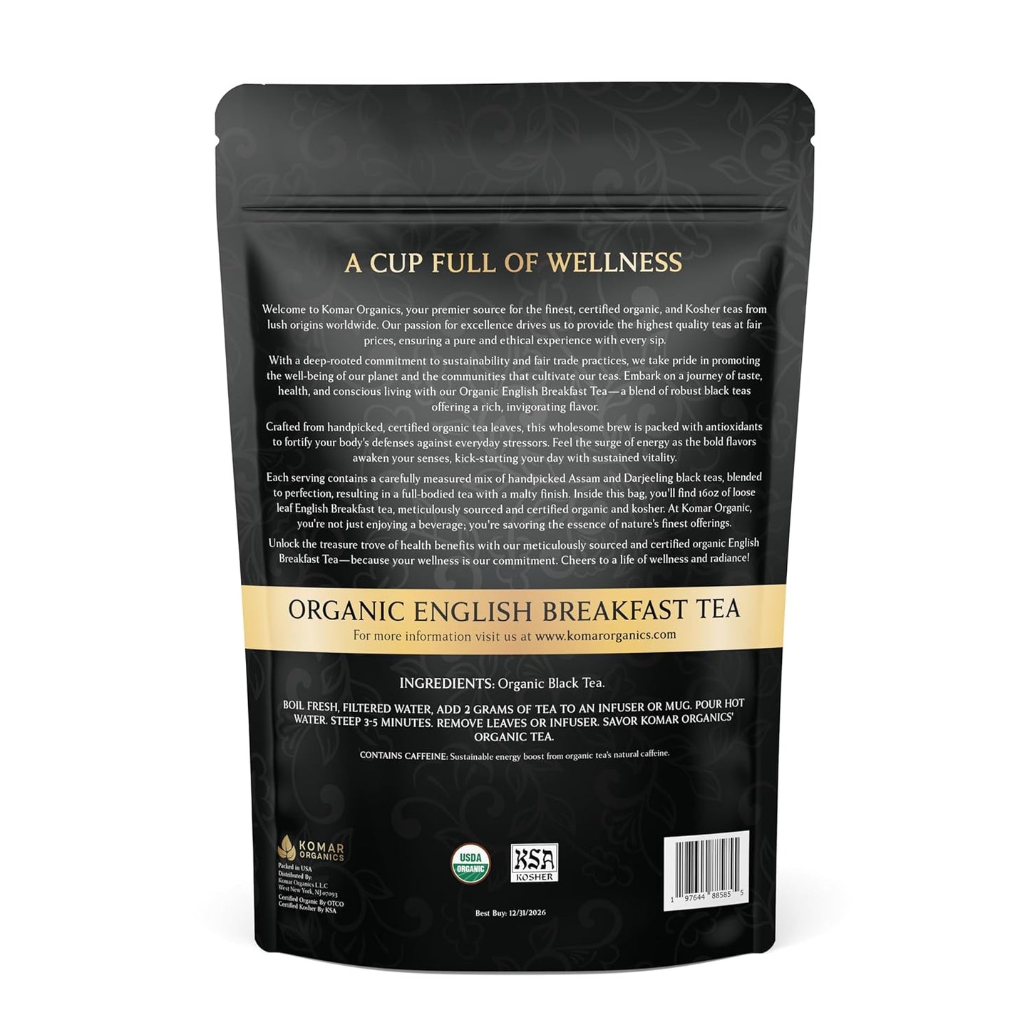 KOMAR ORGANICS English Breakfast Tea - 16oz USDA Organic Loose Leaf Tea Rich in Antioxidants - Balanced and Flavorful Black Tea for Energy Boost - 1 LB Certified Kosher Assam and Darjeeling Blend