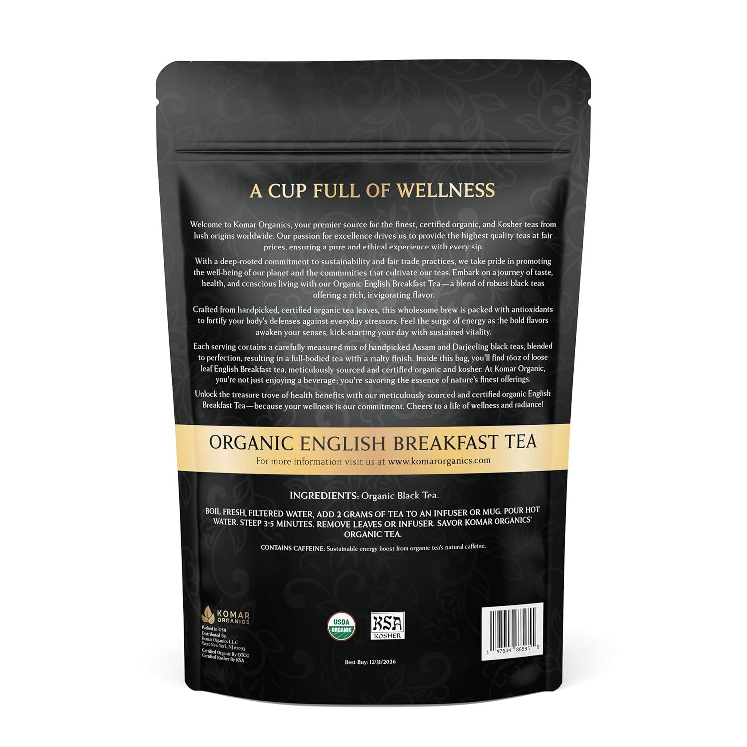 KOMAR ORGANICS English Breakfast Tea - 16oz USDA Organic Loose Leaf Tea Rich in Antioxidants - Balanced and Flavorful Black Tea for Energy Boost - 1 LB Certified Kosher Assam and Darjeeling Blend