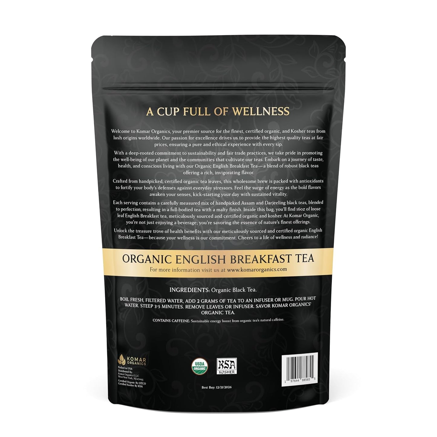 KOMAR ORGANICS English Breakfast Tea - 16oz USDA Organic Loose Leaf Tea Rich in Antioxidants - Balanced and Flavorful Black Tea for Energy Boost - 1 LB Certified Kosher Assam and Darjeeling Blend
