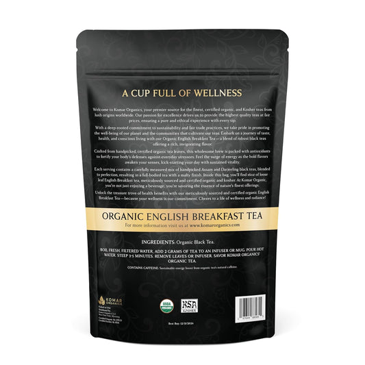 KOMAR ORGANICS English Breakfast Tea - 16oz USDA Organic Loose Leaf Tea Rich in Antioxidants - Balanced and Flavorful Black Tea for Energy Boost - 1 LB Certified Kosher Assam and Darjeeling Blend