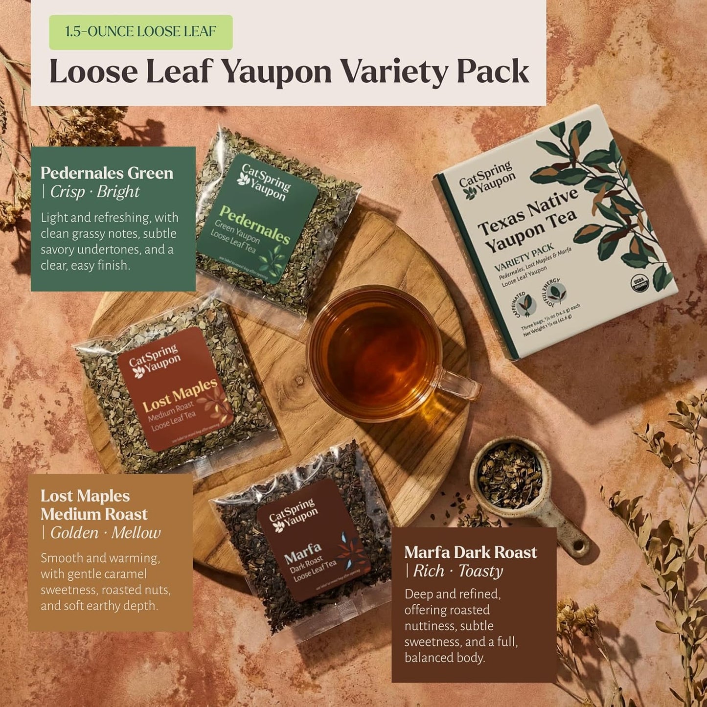 CatSpring Yaupon Tea Variety Pack, 1.5 oz Loose Leaf of Each, Green, Dark, and Medium Roast, Naturally Caffeinated, Sustainable and Wild-Harvested, Non-Bitter, Antioxidant Rich, Made in USA