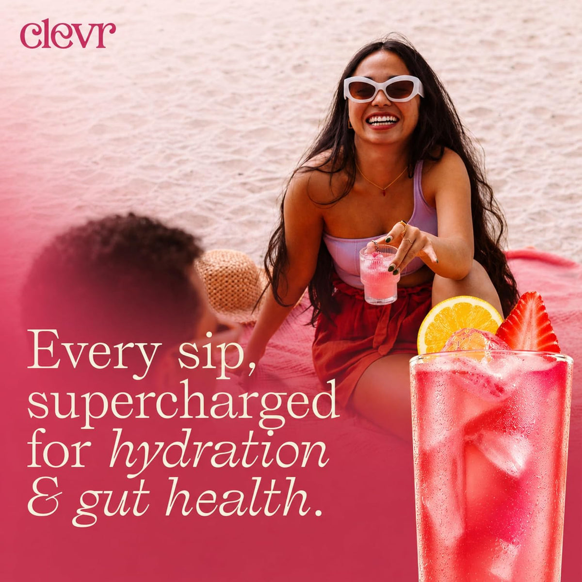 Clevr Strawberry Lemonade GLP-1 Friendly Electrolytes Hydration Drink Mix – No Added Sugar – Coconut Water with Strawberry &amp; Lemon Juice, Trace Minerals &amp; Gut Supporting Probiotics – Caffeine-Free SuperTea – 18 Servings
