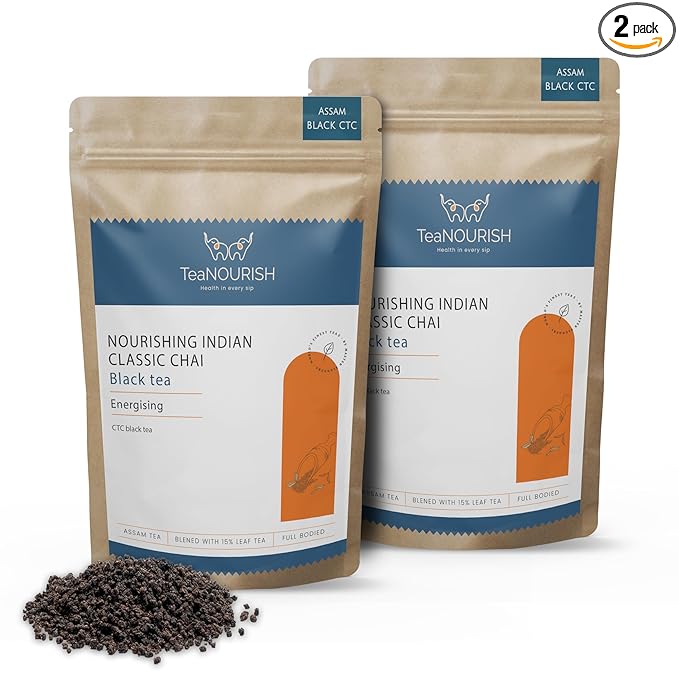 TeaNOURISH Nourishing Indian Classic Chai Tea, Full Bodied Assam CTC Tea Blended with 15% Black Tea Leaves, Freshly Sourced Direct from Origin