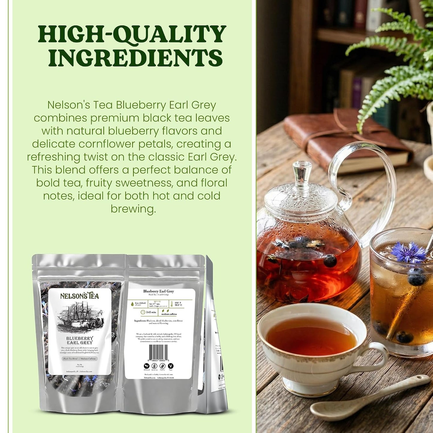 Nelson's Tea Blueberry Earl Grey Black Loose Leaf Tea, 4oz | Blueberries Bergamot • Fruity • Tea • Loose Leaf Tea • Cornflower • Blueberry Earl Grey