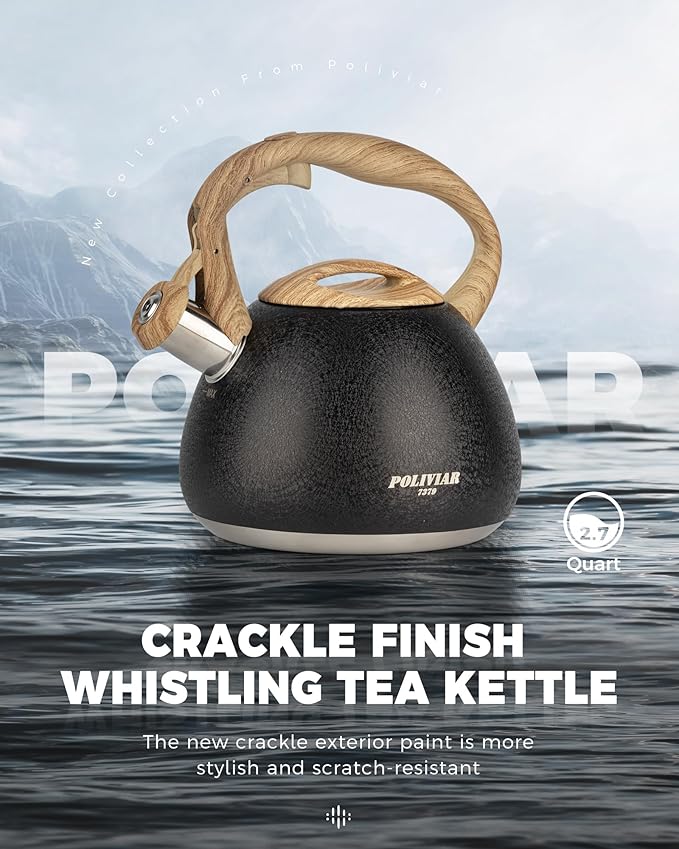 Poliviar Tea Kettle, 2.7 Quart Stovetop Tea Kettle, Audible Whistling Teapot with Crackle Finish, Food Grade Stainless Steel for Anti-Rust
