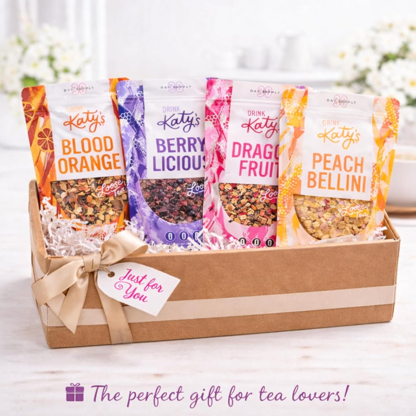 Katy’s Loose Leaf Tea Flavor Sampler - Fruit Herbal Tea Variety Pack - Berry, Peach, Blood Orange & Dragonfruit - Caffeine-Free, Full Leaf Tea - Cold Brew or Hot - 120+ Cups