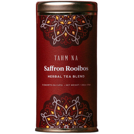 Tahmina Saffron Rooibos Caffeine Free Tea: South African Herbal Blend with Saffron, 12 Biodegradable Pyramid Tea Bags, Makes 36 Cups of Tea (1 Pack)