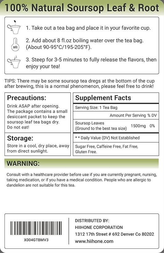 Soursop Leaf Herbal Tea (Graviola) - Caffeine & Sugar Free, 120 Count