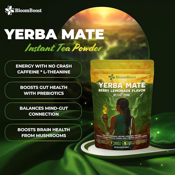 Yerba Mate Instant Tea Powder – Yerba Mate, Ashwagandha, Lion’s Mane, Chlorophyll, Berry Lemonade Flavor – 6.34 oz (18 Servings) – Sugar-Free, Gluten-Free, Superfood Energy & Focus Blend