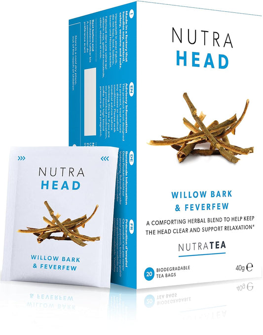 NUTRAHEAD - Migraine Relief Tea | Headache Relief Tea - For Migraine & Tension Headache Relief - Includes Feverfew, Willow Bark & Rhodiola - 20 Enveloped Tea Bags - by Nutra Tea - Herbal Tea