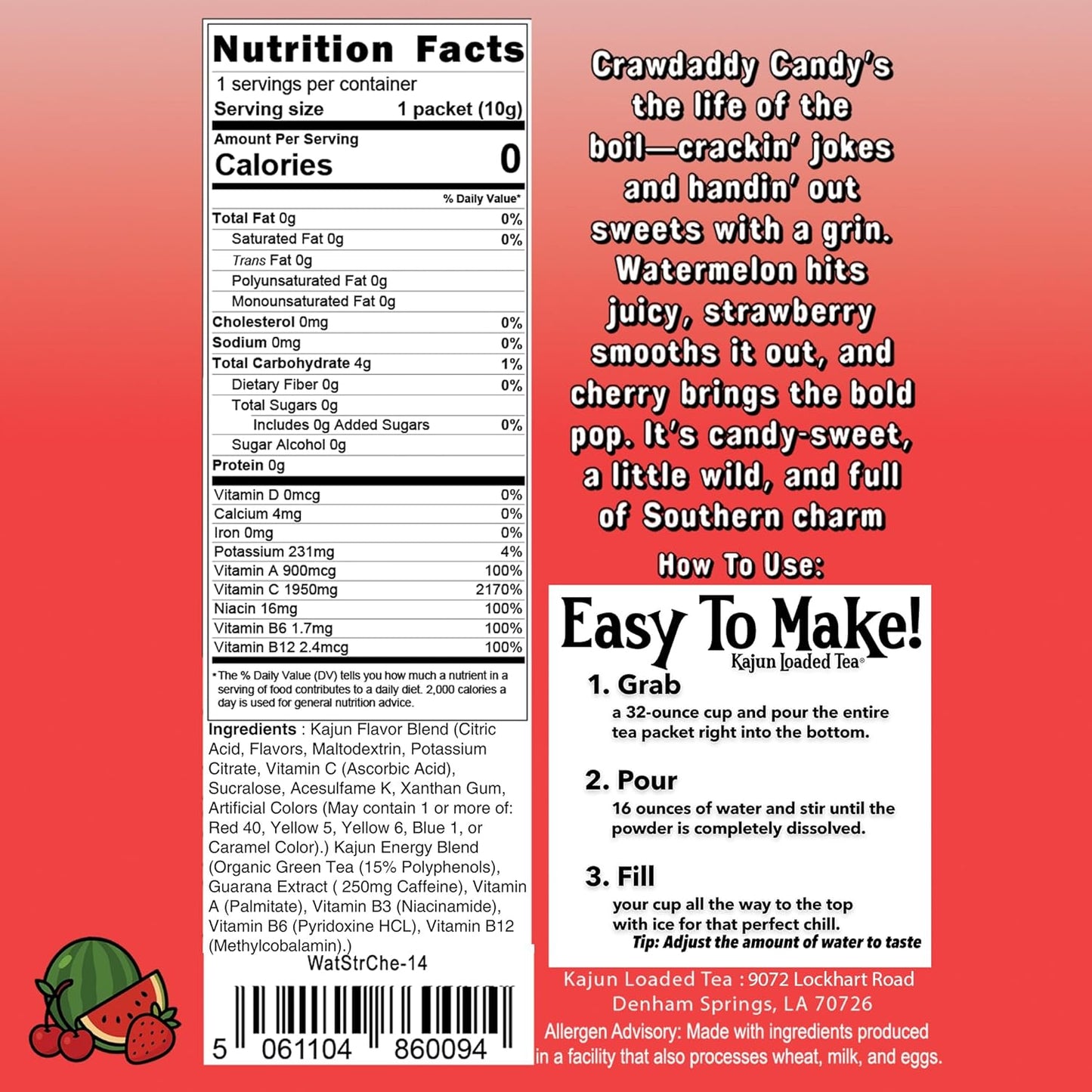 Kajun Loaded Tea – Crawdaddy Candy | Watermelon + Strawberry + Cherry Flavor | Sugar Free Energy Tea Powder | 250mg Green Tea Caffeine | Zero Calories | Keto Friendly