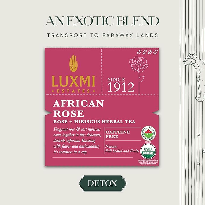 Luxmi Estates African Rose Organic Hibiscus Rose Tea (25 Tea Bags) Caffeine Free Tea Bags For Detox, Cleansing, and Digestion, With Certified Organic Herbal Tea