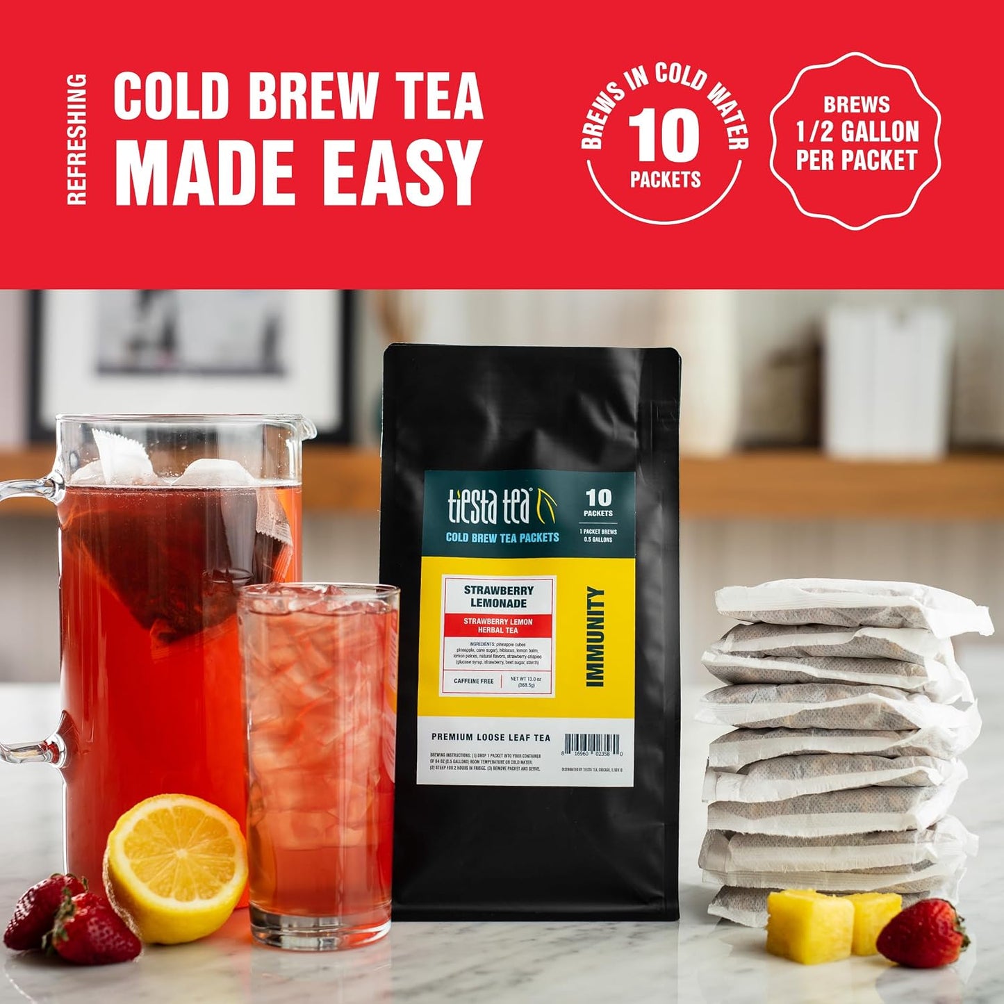 Tiesta Tea - Strawberry Lemonade Cold Brew Tea, Loose Leaf | Strawberry Lemon Herbal Blend, Premium Iced Blends, Non-Caffeinated Iced Drink, 10 Cold Brew Bags, Makes 64oz Pitcher Each