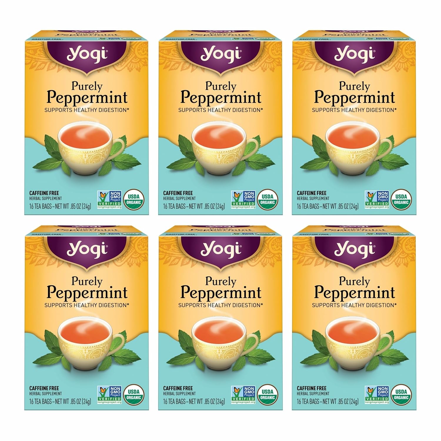 Yogi Tea - Purely Peppermint Tea (6 Pack) - Supports Healthy Digestion - Caffeine Free - 96 Organic Herbal Tea Bags