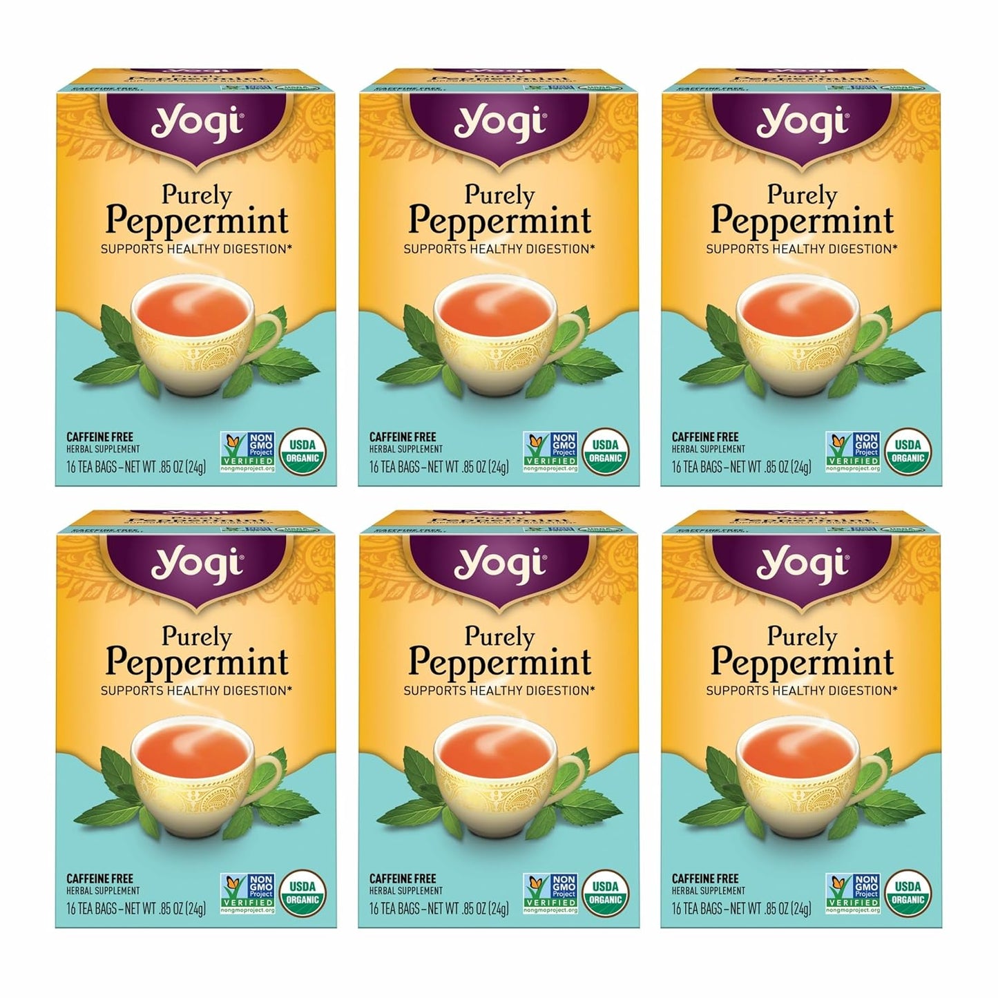 Yogi Tea - Purely Peppermint Tea (6 Pack) - Supports Healthy Digestion - Caffeine Free - 96 Organic Herbal Tea Bags