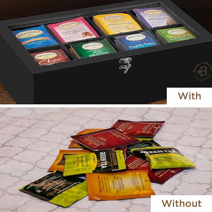 Bambüsi Tea Bag Organizer - Bamboo Tea Box Organizer Storage Box, Tea Bag Holder with Acrylic Window, Magnetic Lid Keeps Tea Bags Fresh