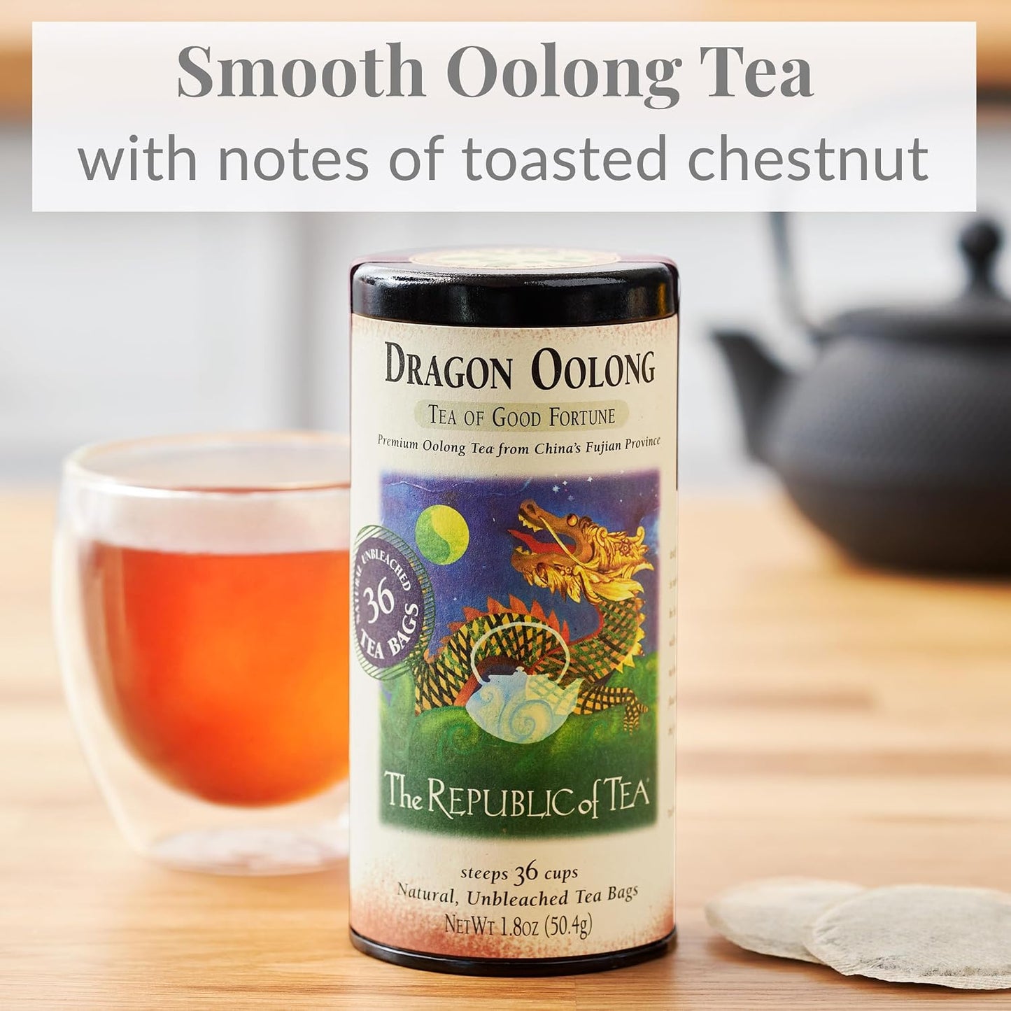 The Republic of Tea Dragon Oolong Tea, Naturally Caffeinated, 36 Count | Made for morning or afternoon sipping. Silky oolong with a smooth finish. Gluten Free and Kosher.
