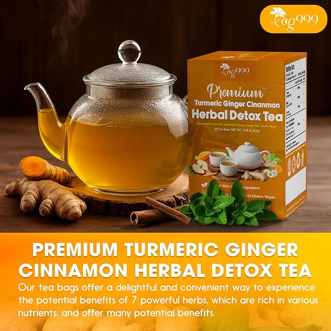 TOG999, 20 Tea Bags of Ginger, Turmeric and Cinnamon, Upgraded Version, 100% Natural, Hand-made Blend of Ginger, Turmeric, Cinnamon, Orange Peel, Black Pepper, Stevia Leaves, Jasmine. No Sugar, Vegan.