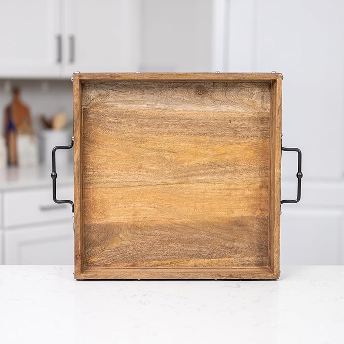 20"x20" Extra Large Square Ottoman Tray, Heavy Duty Mango Wood, for Serving Tea, Breakfast in Bed
