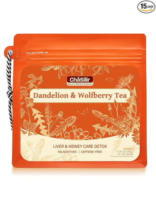 Organic Dandelion Root & Wolfberry Detox Tea Bags - Liver & Kidney Health Support, 15 Compostable Corn Fiber Bags (Caffeine-Free, Plastic-Free
