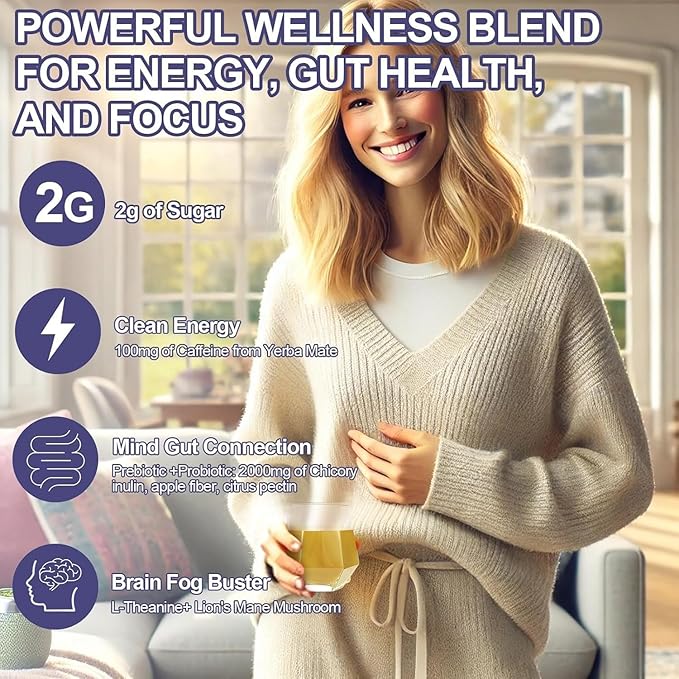 Yerba Mate Instant Tea Powder - Peach-Mango Flavor Super Drink - 4-in-1 Functional Blend with Prebiotics - Mental Clarity - Clean Energy & Digestive Support - 30 Servings