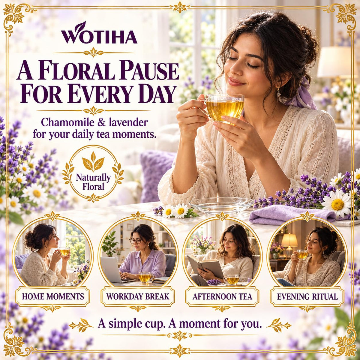 WOTIHA Chamomile Lavender Tea Bags, 60 Count, Caffeine-Free Herbal Tea