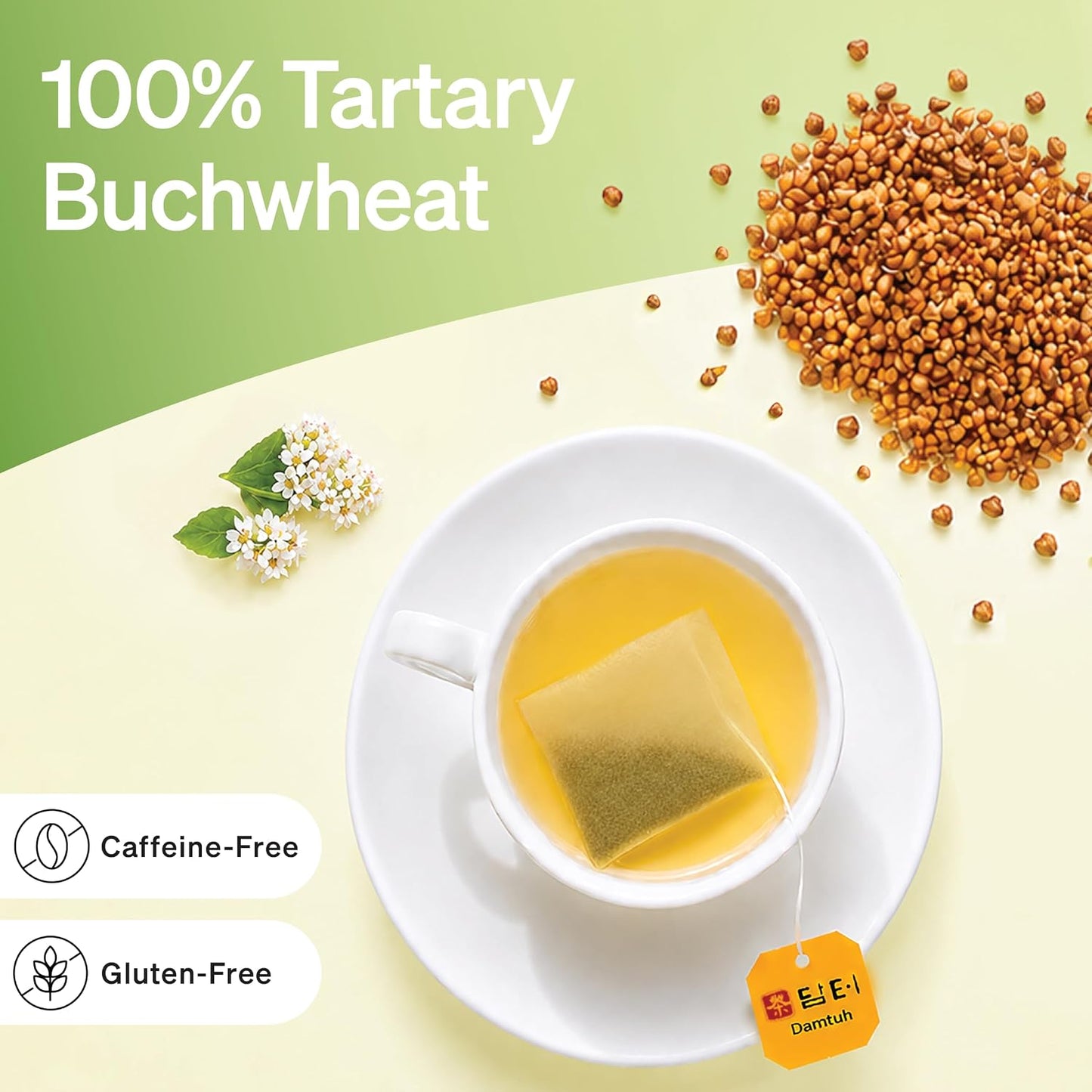 Damtuh Korean Roasted Buckwheat Tea Bags, Caffeine-Free, 100 Count | Nutty, toasty, mildly sweet; 100 percent roasted tartary buckwheat; 100 individually wrapped 1.5 g bags