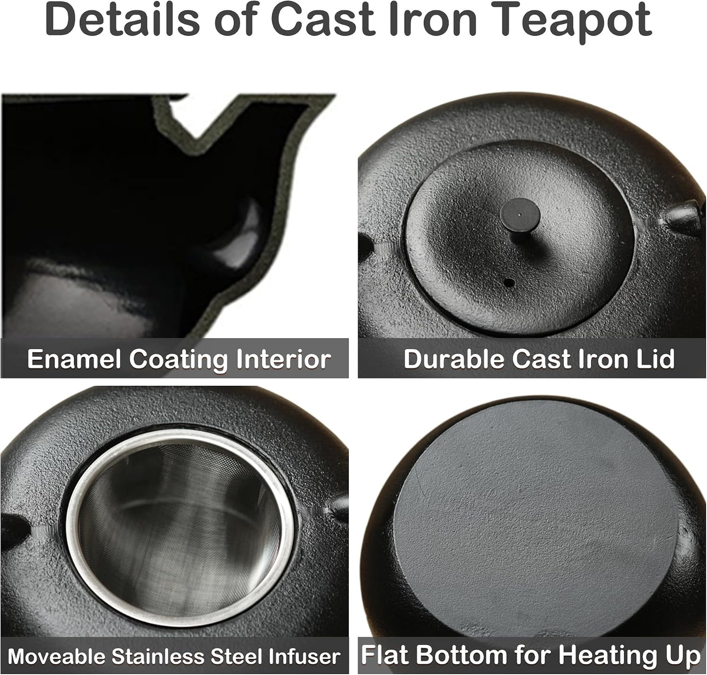 67.6oz Large Cast Iron Teapot and Cups Set, Black Enameled Tea Kettle for Stovetop, Heavy and Durable Tea Pot with Stainless Steel for Loose Tea, Chinese Tea Set for Gift, 2000ML