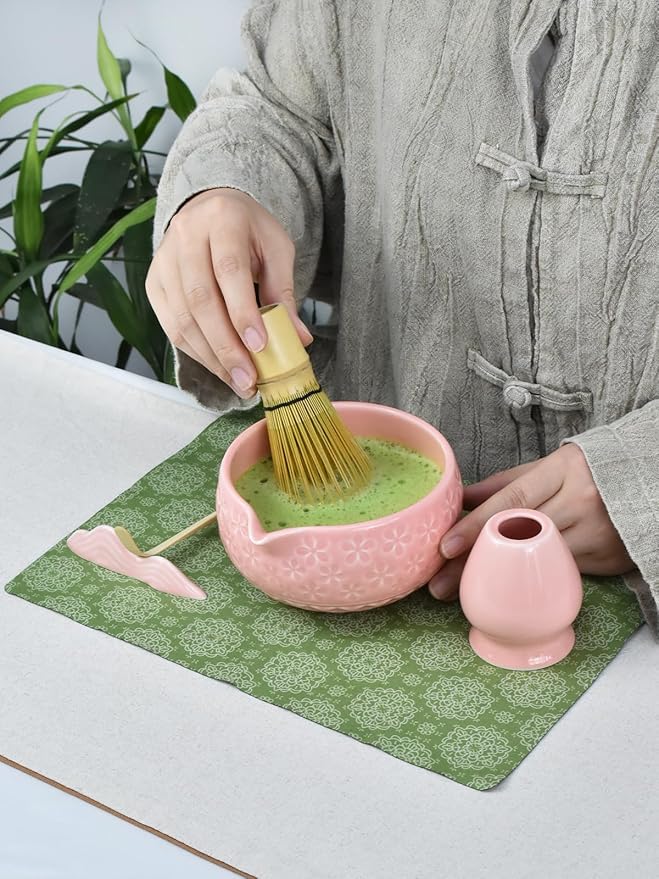 Artcome Matcha Tea Set – Pink Sakura Embossed Ceramic Bowl 17oz with Bamboo Whisk, Whisk Holder, Strainer, Scoop, Tea Spoon, Cloth