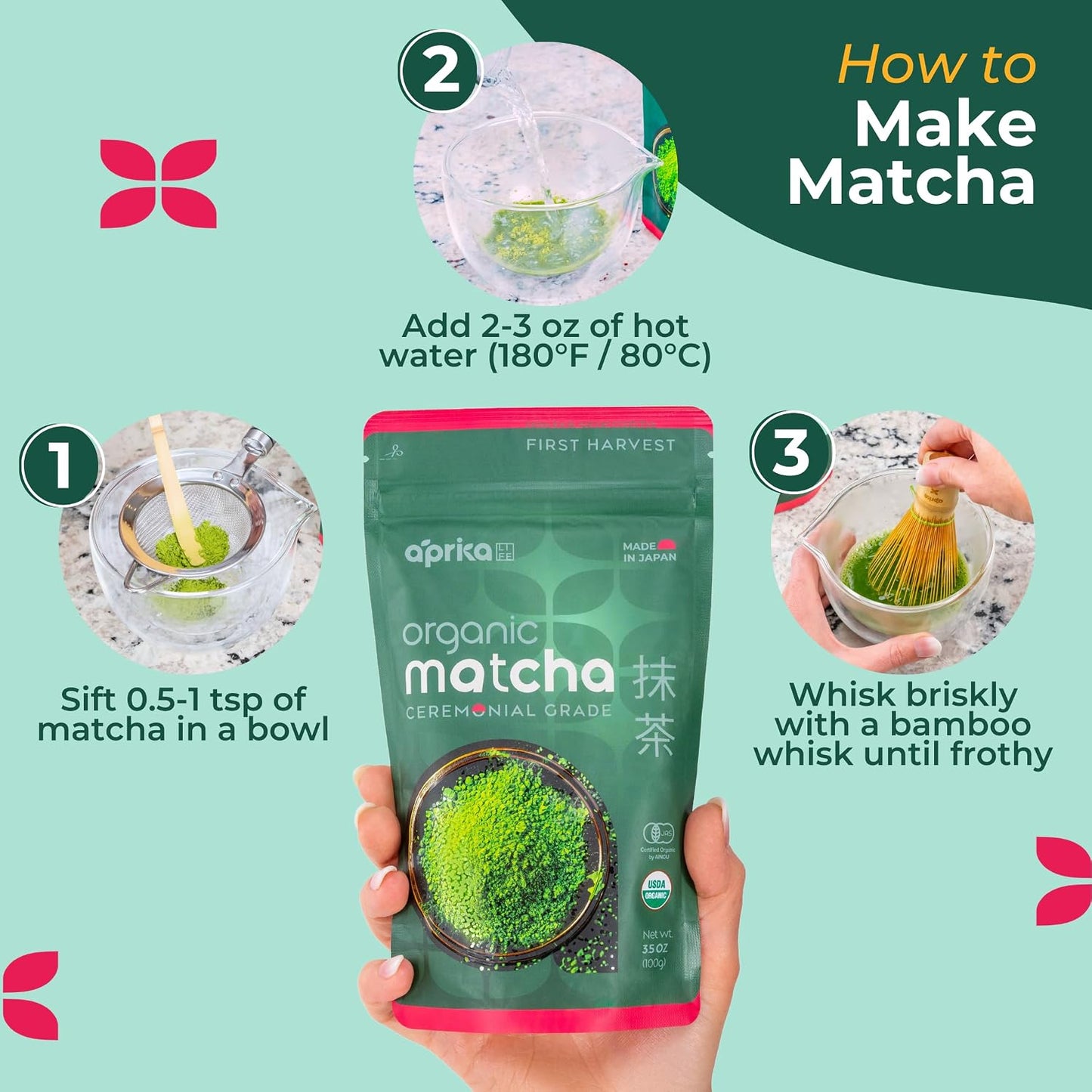 AprikaLife Organic Ceremonial Grade Matcha Powder from Japan – 3.5 oz | Authentic Japanese First Harvest Matcha, Yabukita Cultivar. No Sugar Added. USDA &amp; JAS Certified Organic. For Tea &amp; Lattes.