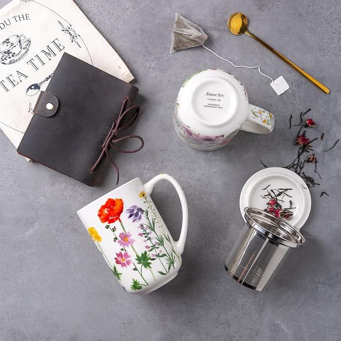AmorArc Porcelain Tea Mug with Infuser and Lids, 18 Oz Coffee Cup Strainer with Bag Holder for Loose Leaf Tea