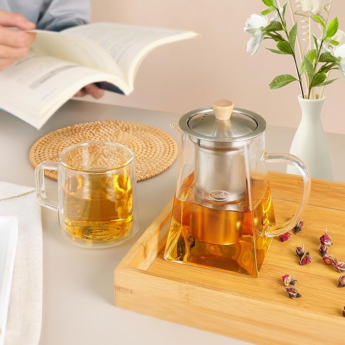 Cnglass Glass Teapot with Infuser,24oz Clear Glass Tea Kettle with Removable Stainless Steel Strainer