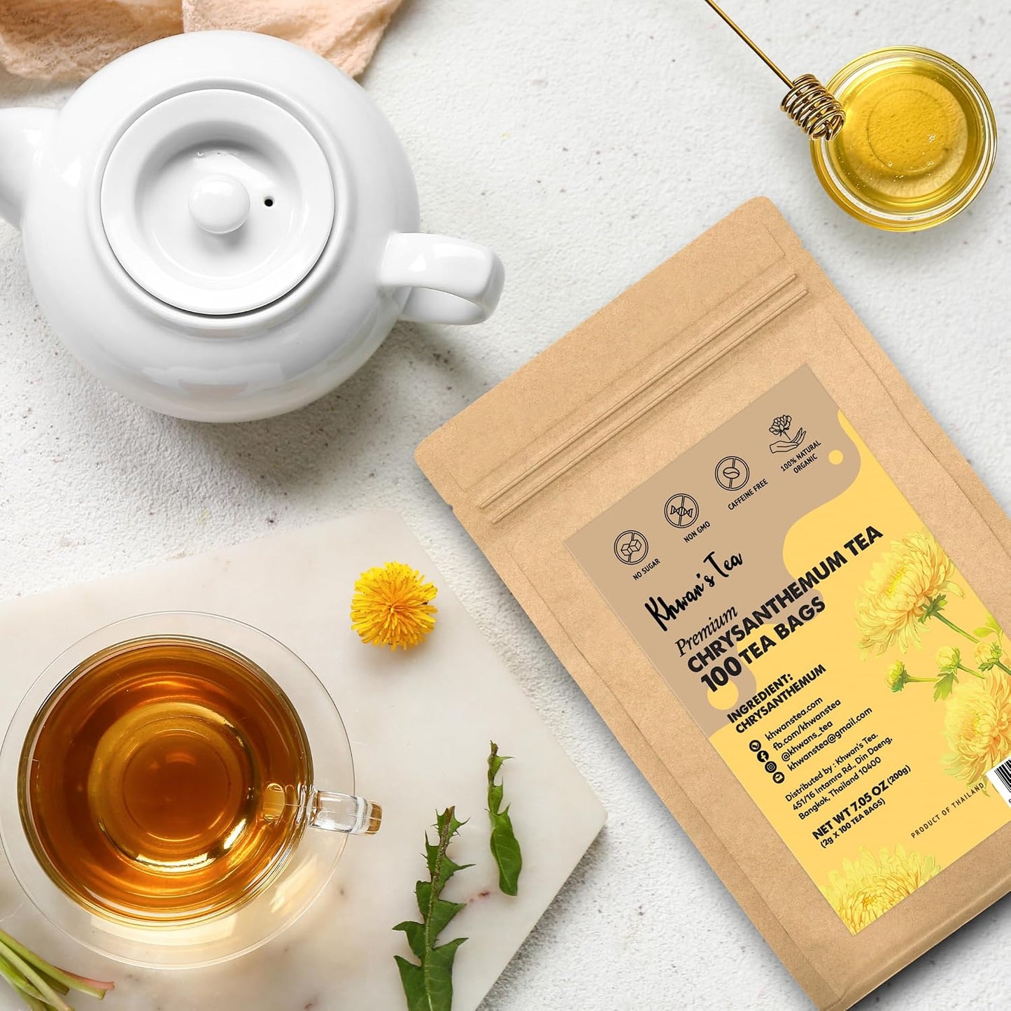 KHWAN'S TEA Organic Chrysanthemum Tea Bags, Caffeine-Free, 100 Count | Organic chrysanthemum tea bags, dried chrysanthemum flower tea, Thai sun-dried whole flowers, USDA Organic, caffeine-free
